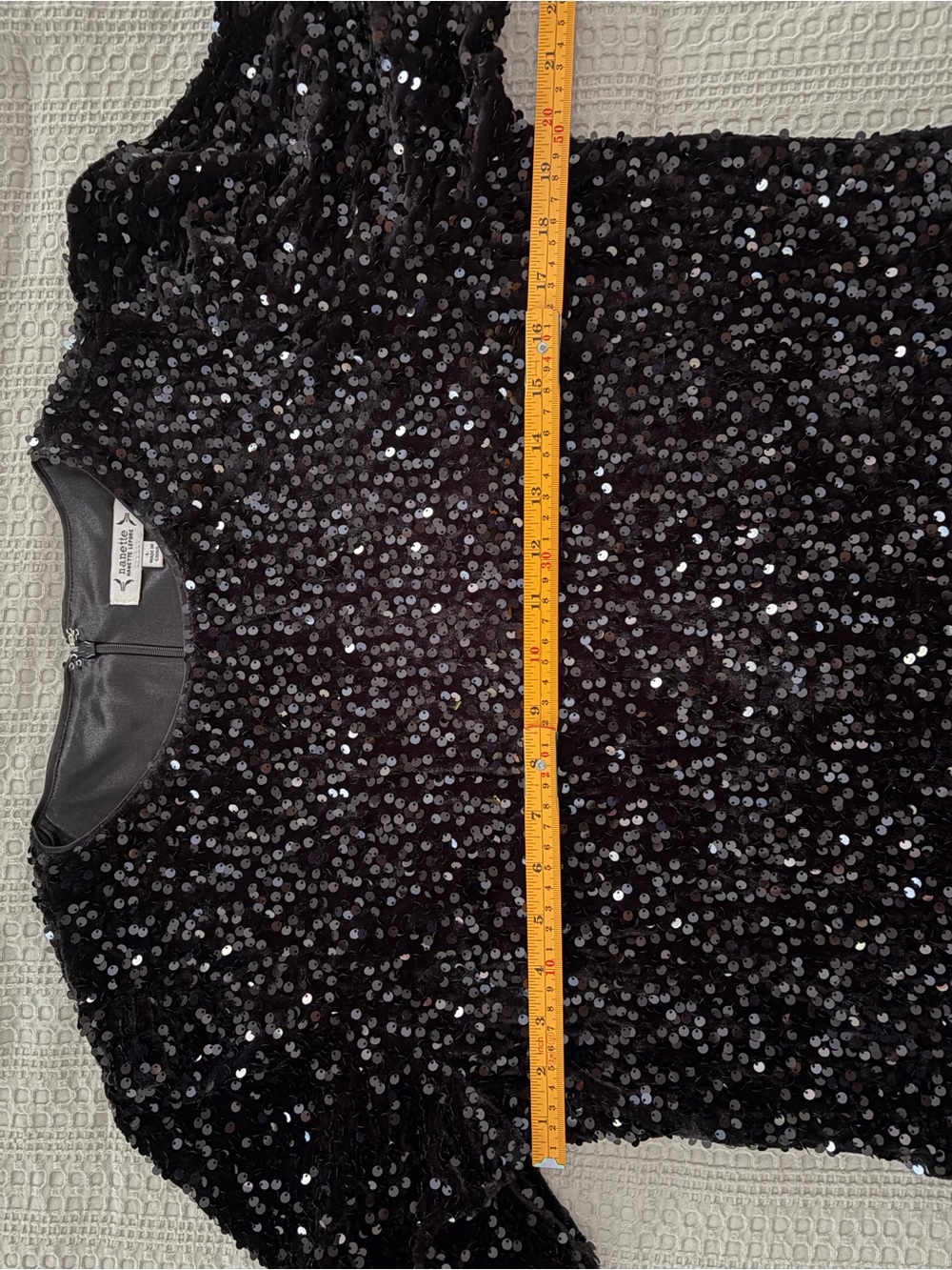 Nanette Lepore Black Velvet Sequin Short Sleeve Top L Retro Glam Festive Shimmer - Picture 7 of 10